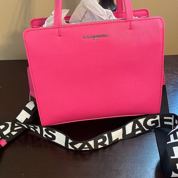 KARL LAGERFELD Pink MAYBELLE Faux Leather Guitar Logo Strap Crossbody Satchel - Picture 2 of 5